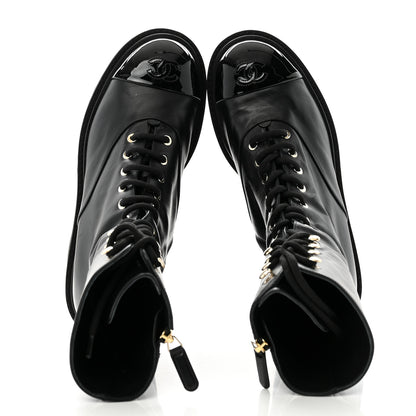 Chanel Crumpled Calfskin Patent Cap Toe Lace Up Combat Boots 39.5 Black 2 of 12