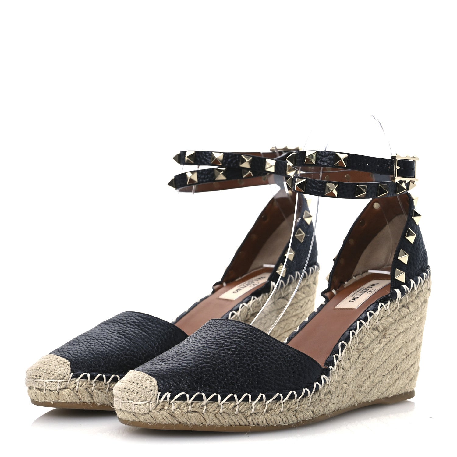 Valentino Garavani Grained Calfskin Rockstud Ankle Wrap Espadrille 15/85mm Wedges 38 Black Light Cuir 4 of 10