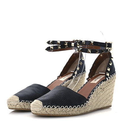 Valentino Garavani Grained Calfskin Rockstud Ankle Wrap Espadrille 15/85mm Wedges 38 Black Light Cuir 4 of 10