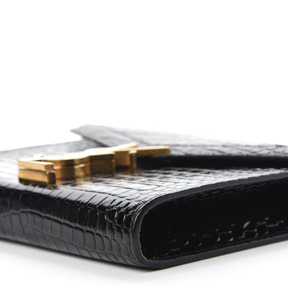 Saint Laurent Calfskin Crocodile Embossed Monogram Cassandra Chain Wallet Black 7 of 10