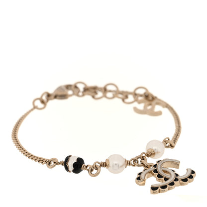 Chanel Metal Enamel Pearl CC Bracelet Gold Black White 1 of 5