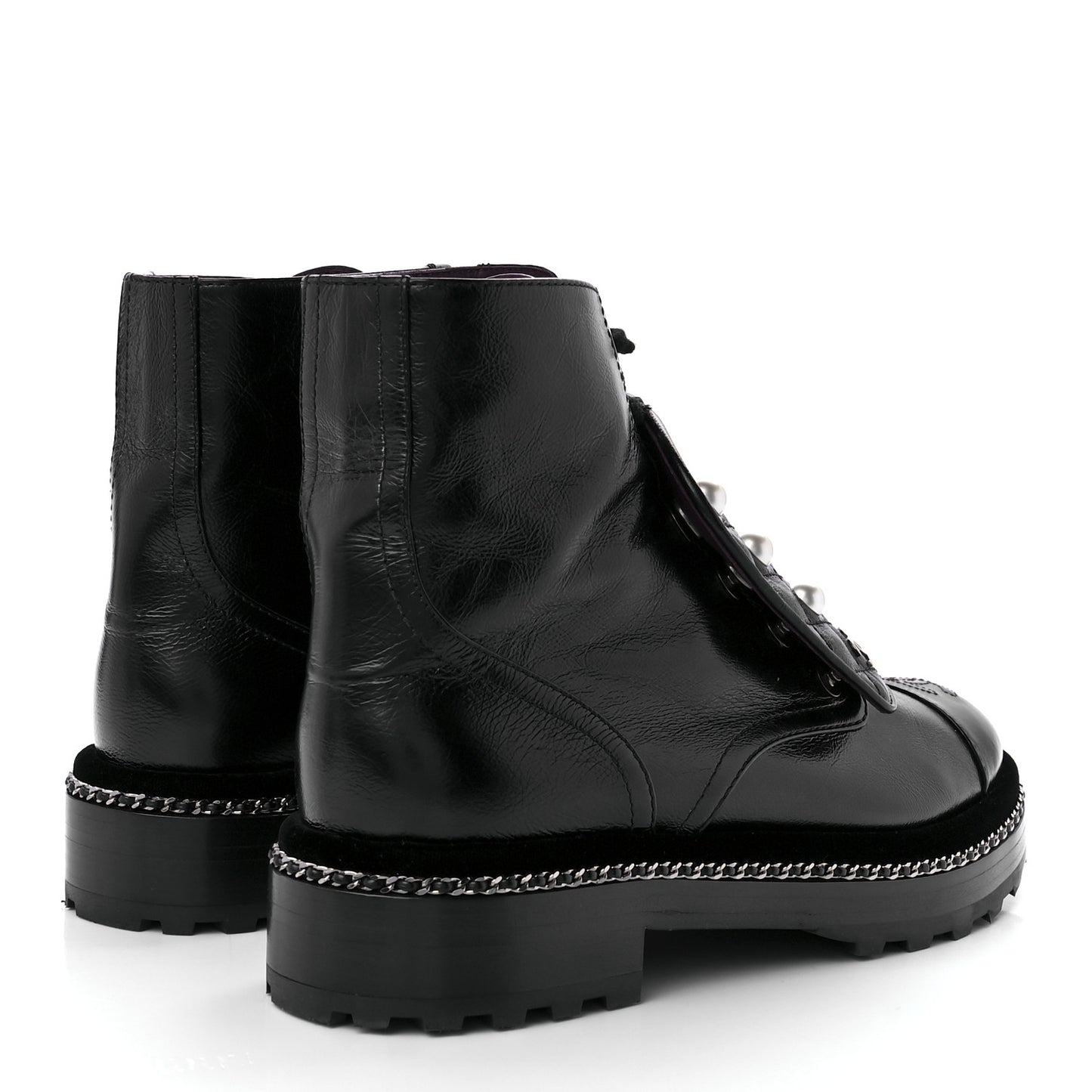Crackled Calfskin Velvet Pearl Combat Short Boots 39 Black