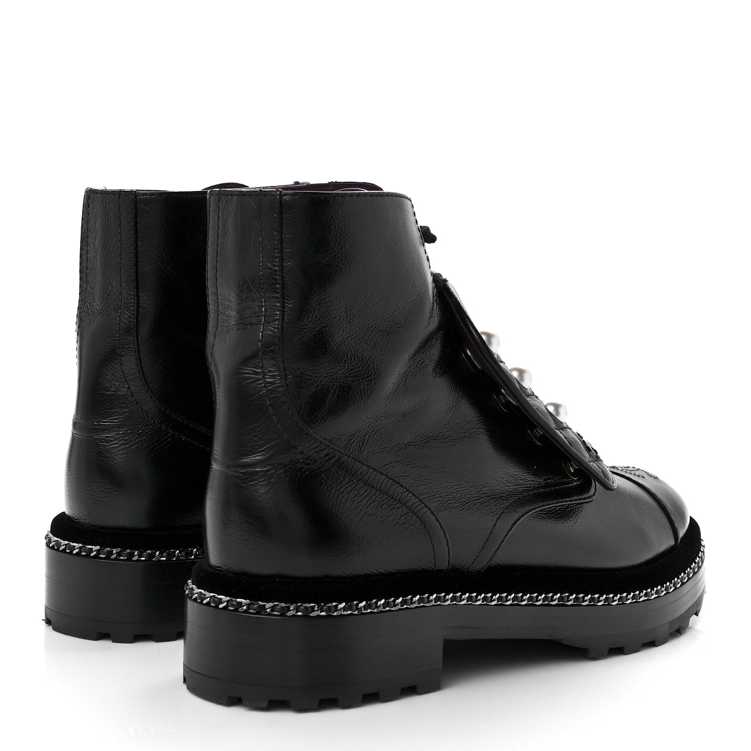 Chanel Crackled Calfskin Velvet Pearl Combat Short Boots 39 Black 4 of 11