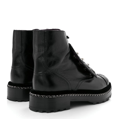 Chanel Crackled Calfskin Velvet Pearl Combat Short Boots 39 Black 4 of 11
