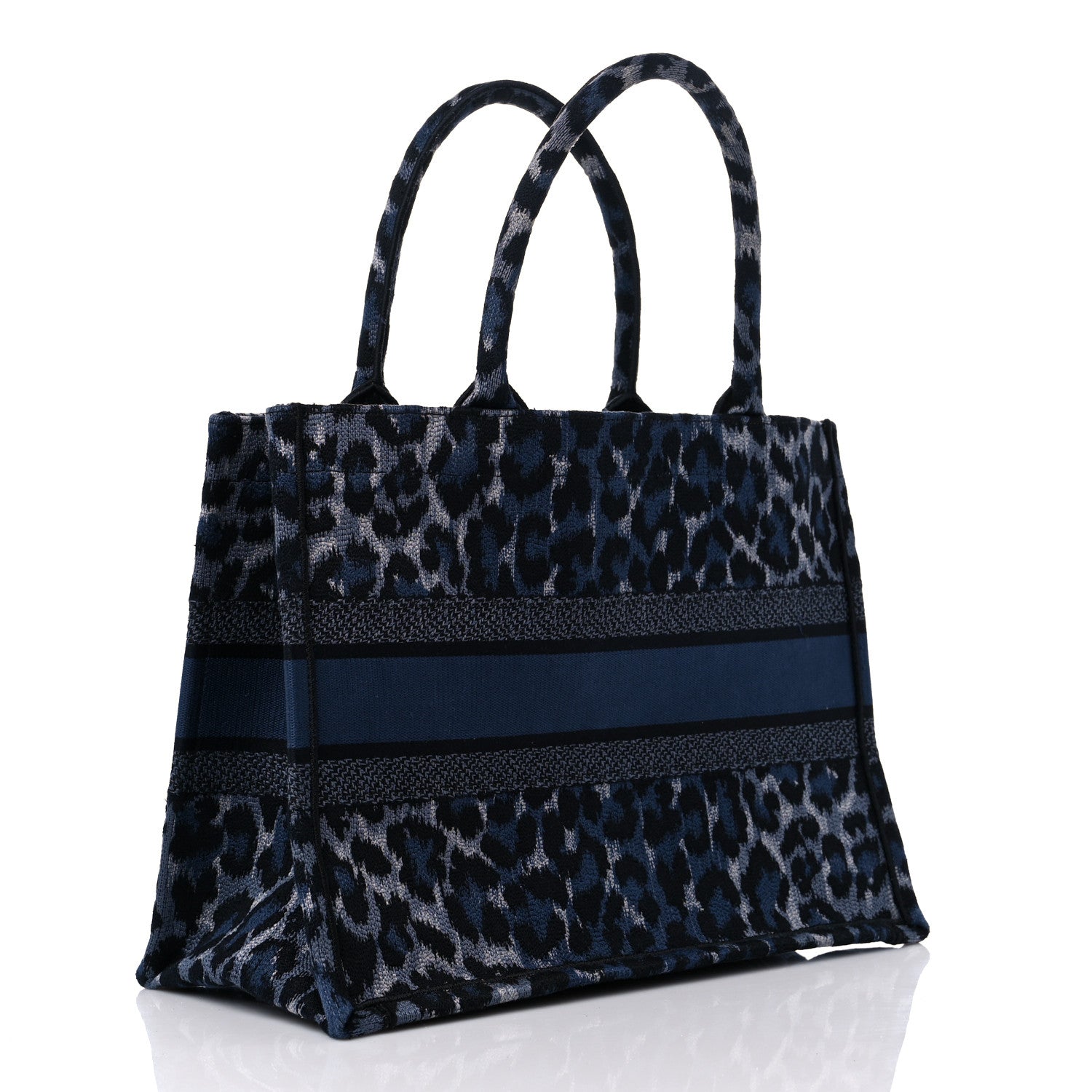 Christian Dior Canvas Mizza Embroidered Medium Leopard Book Tote Blue 3 of 11