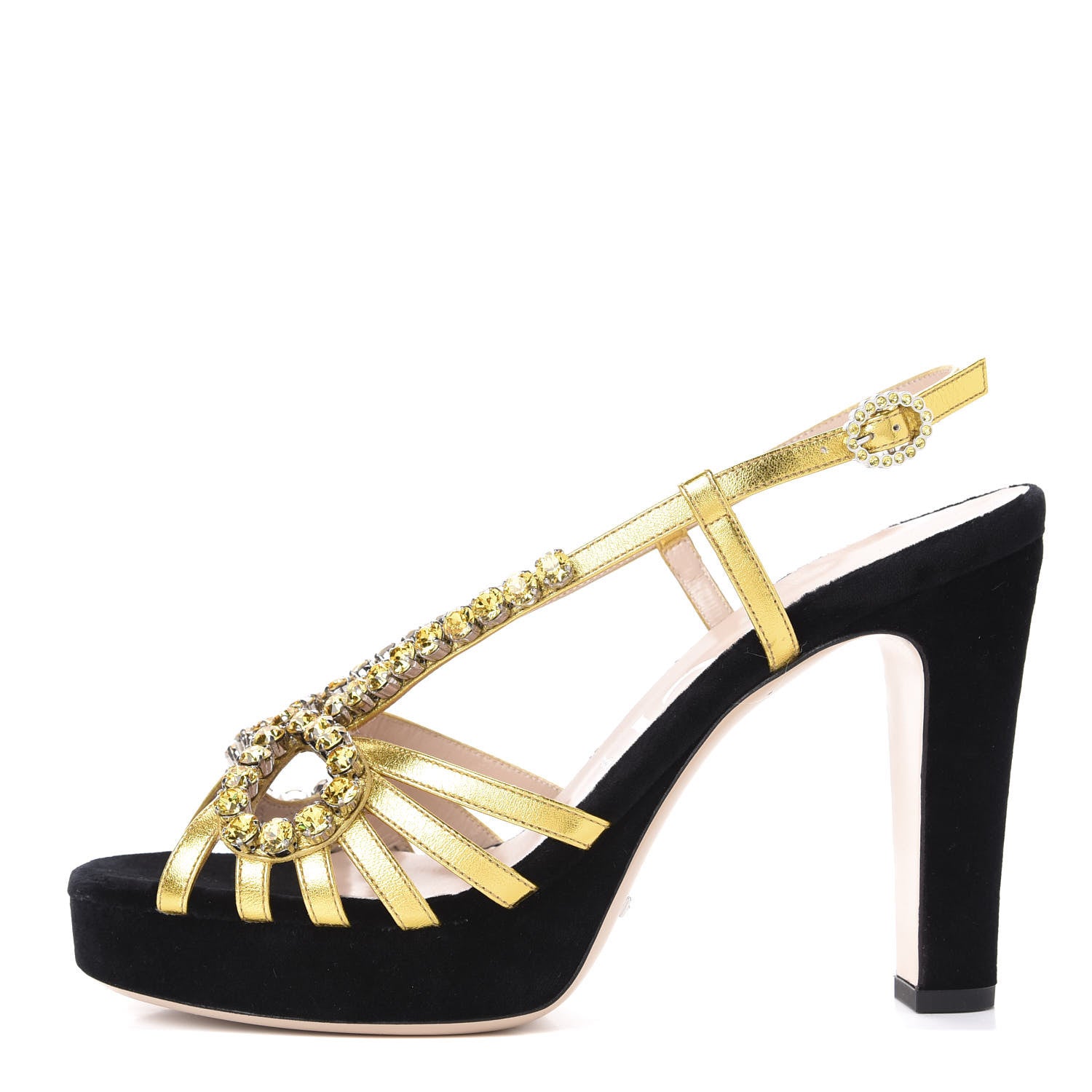 Gucci Velvet Nappa Crystal Zephyra Slingback Platform High Heel Sandals 40 Black Gold 1 of 9