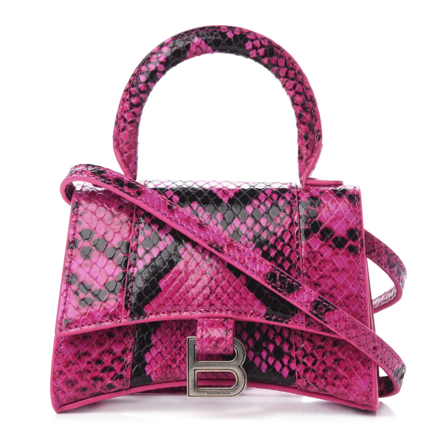Shiny Calfskin Python Effect Hourglass Top Handle Bag Mini Fuchsia Black