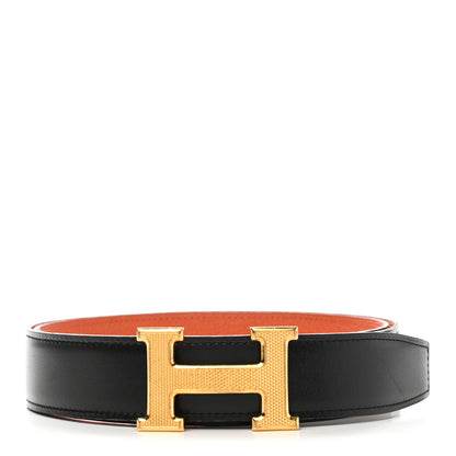 Hermes Box Togo 32mm Guilloche H Belt 90 Black Orange 1 of 7