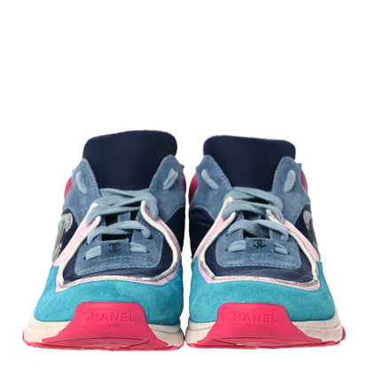 Chanel Nylon Calfskin Suede CC Sneakers 39.5 Navy Turquoise 2 of 16