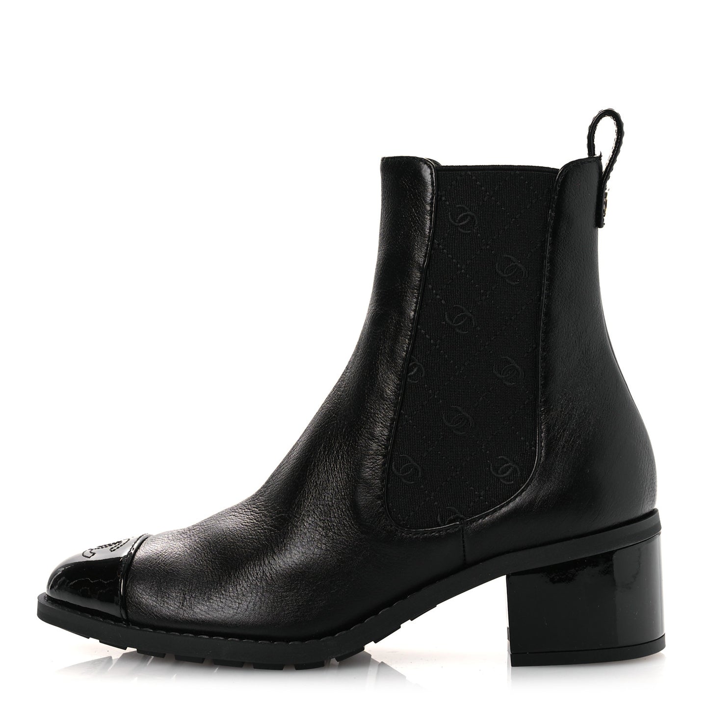 Shiny Grained Calfskin Patent Cap Toe Interlocking CC Short Boots 37.5 Black
