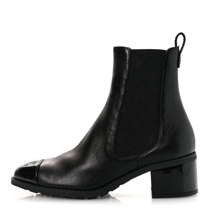 Chanel Shiny Grained Calfskin Patent Cap Toe Interlocking CC Short Boots 37.5 Black 1 of 12