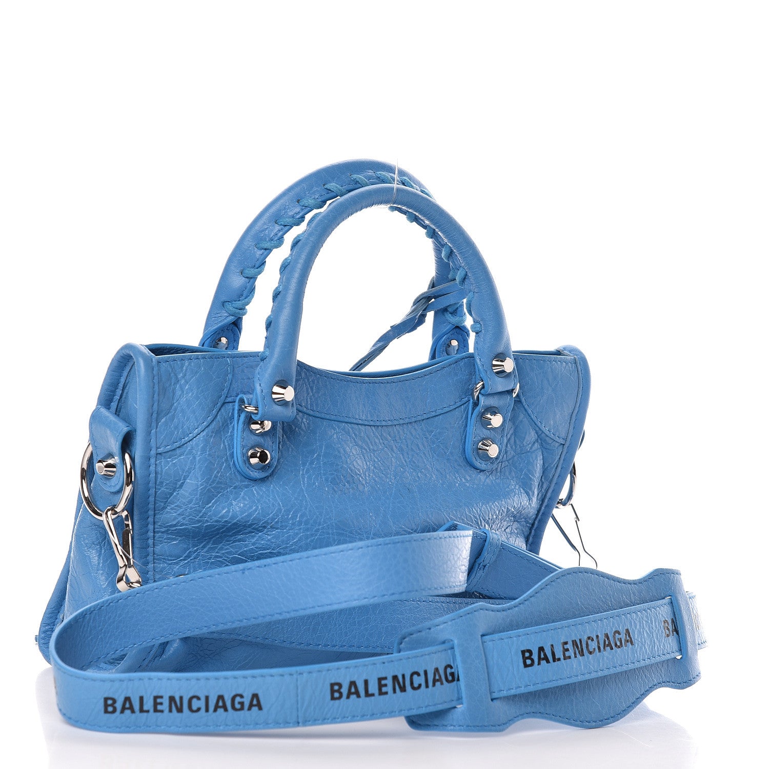 Balenciaga Agneau Classic Silver Hardware Mini City Logo Strap Bleu Turquoise Black 3 of 9