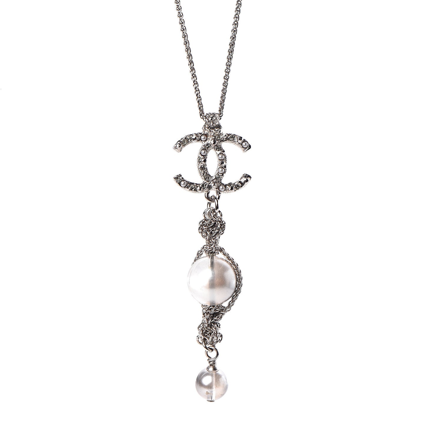 Pearl Crystal Resin CC Drop Necklace Silver Dark Grey