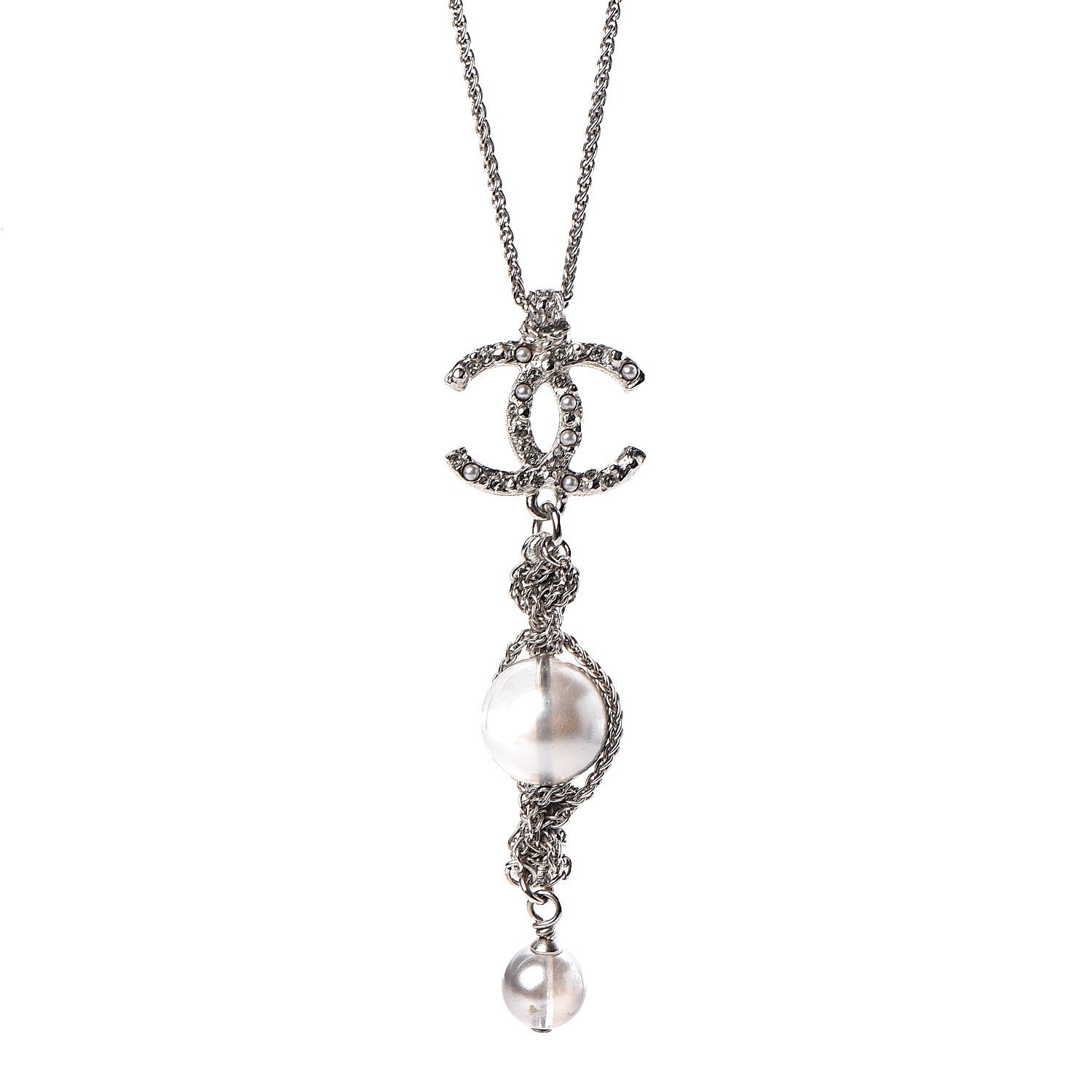 Chanel Pearl Crystal Resin CC Drop Necklace Silver Dark Grey 5 of 6
