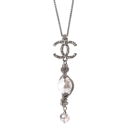 Chanel Pearl Crystal Resin CC Drop Necklace Silver Dark Grey 5 of 6