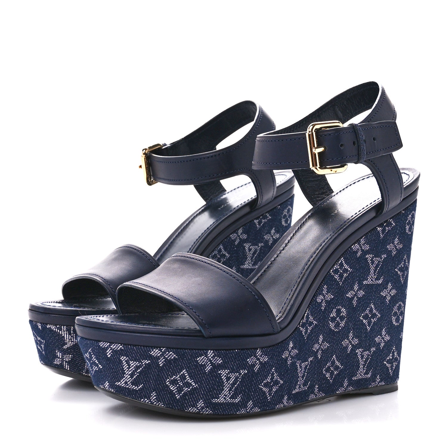 Louis Vuitton Calfskin Monogram Denim Waterfall Wedge Sandals 39 Blue 3 of 8