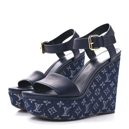 Louis Vuitton Calfskin Monogram Denim Waterfall Wedge Sandals 39 Blue 3 of 8