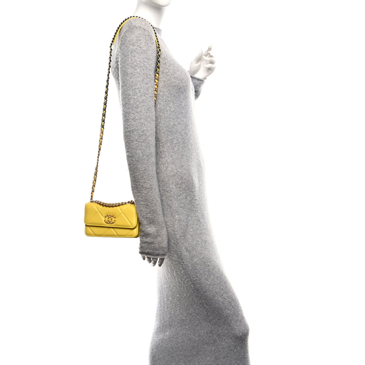 Chanel Lambskin Quilted Chanel 19 Flap Phone Holder With Chain Yellow 3 of 12