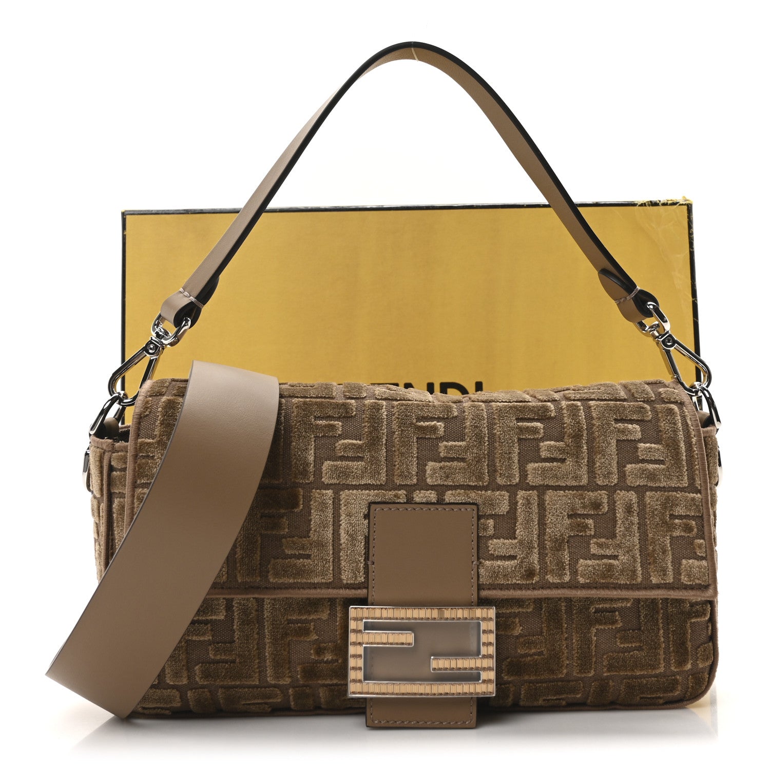 Fendi Velvet Jacquard Crystal FF Baguette Cappuccino 1741363