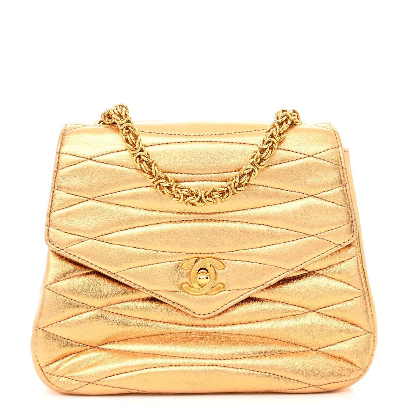 Metallic Lambskin Quilted Envelope Single Flap Gold