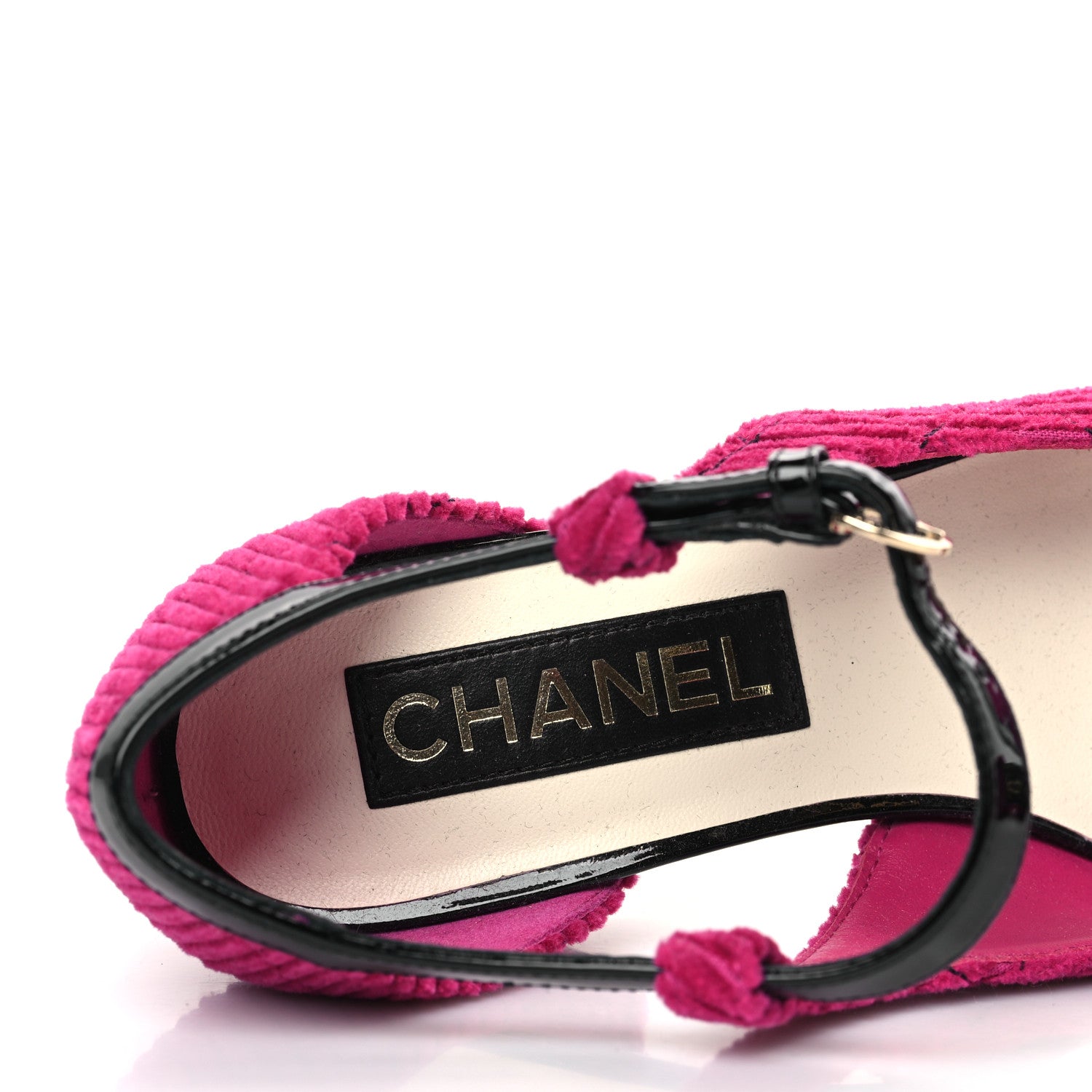 Chanel Corduroy Patent Calfskin Cap Toe Quilted Mary Jane Flats 37 Fuchsia Black 7 of 9