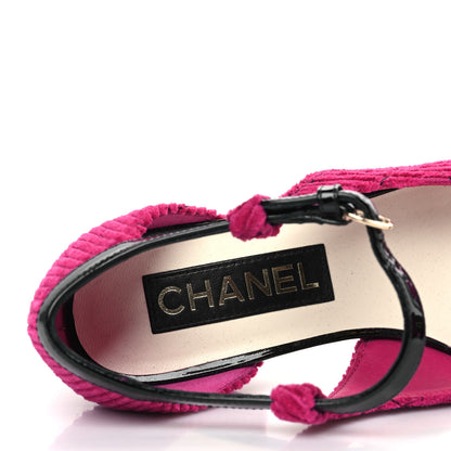 Chanel Corduroy Patent Calfskin Cap Toe Quilted Mary Jane Flats 37 Fuchsia Black 7 of 9