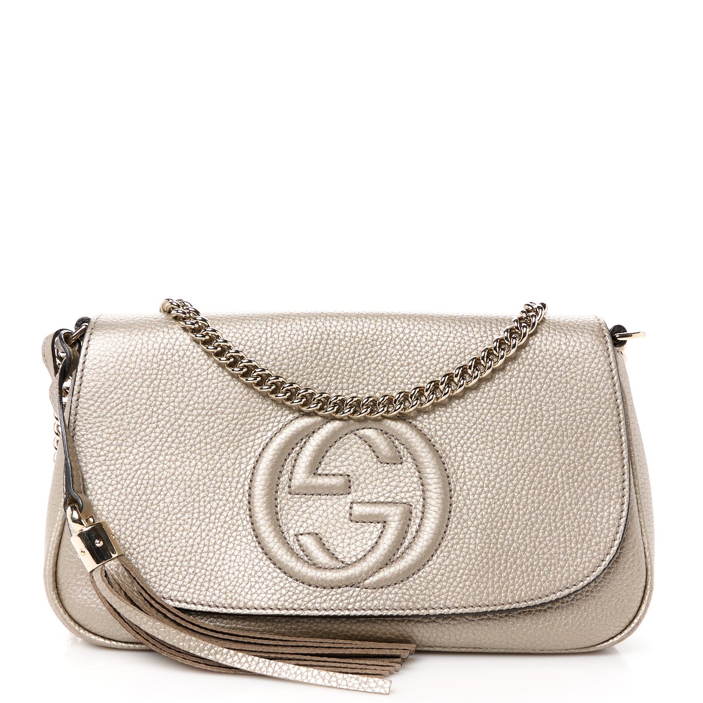 Metallic Pebbled Calfskin Medium Soho Flap Crossbody Golden Beige