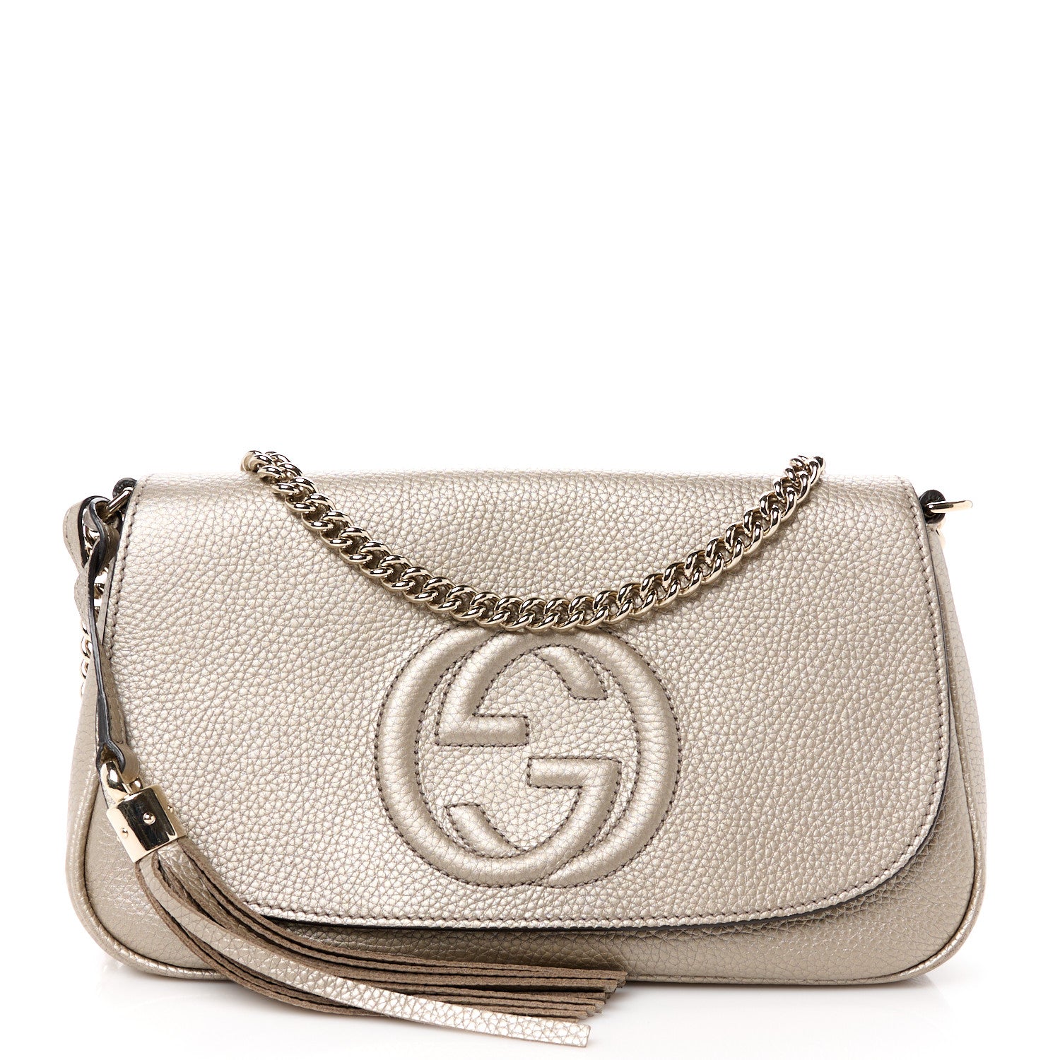 Gucci Metallic Pebbled Calfskin Medium Soho Flap Crossbody Golden Beige 1 of 11