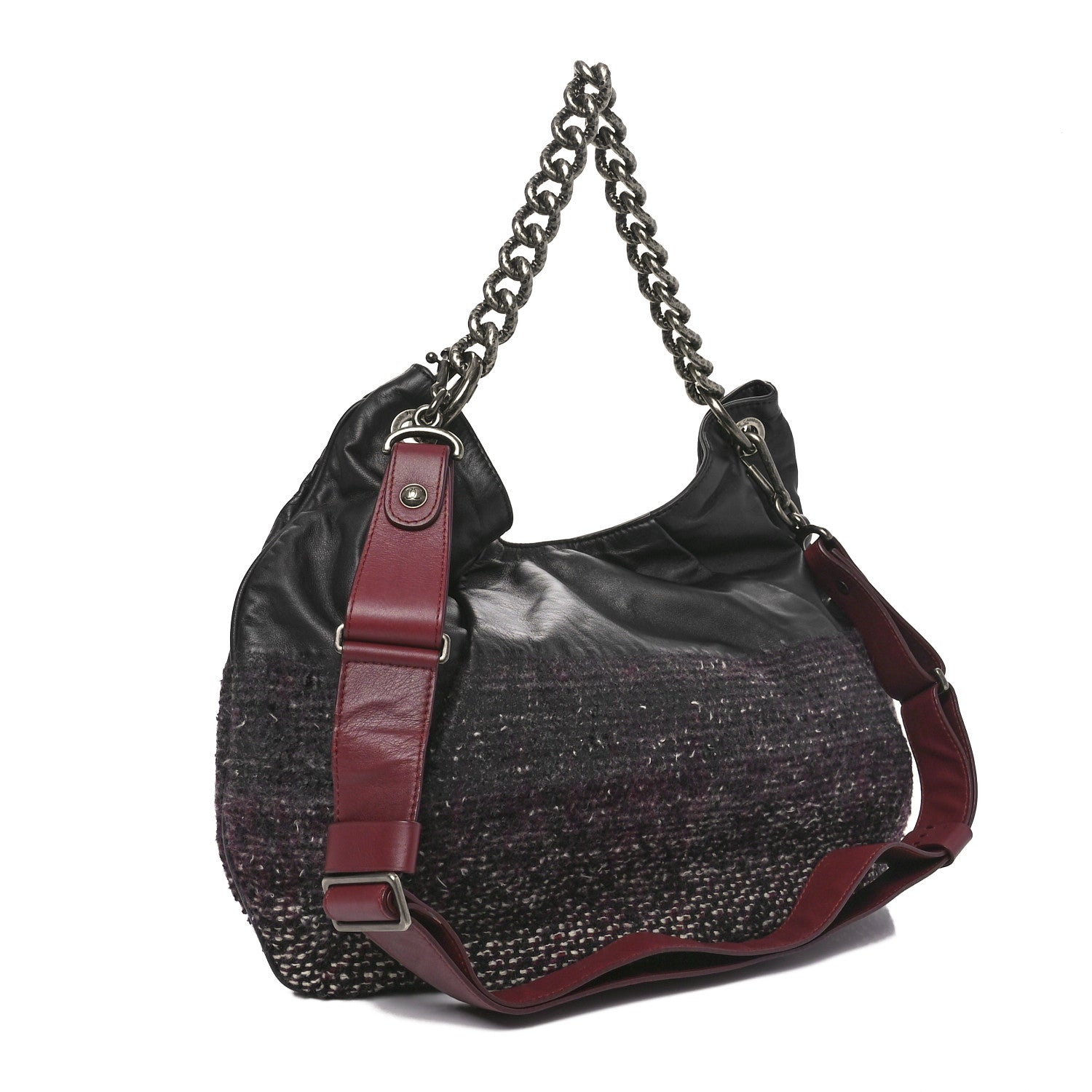 Chanel Calfskin Tweed Coco Pleats Hobo Black Burgundy 3 of 10