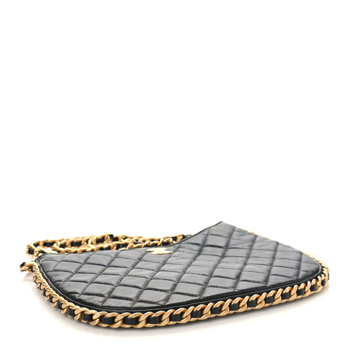 Shiny Crumpled Lambskin Quilted Large Trendy Chain Around Hobo Black