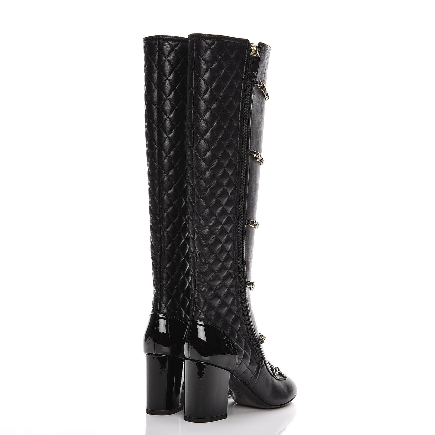 Lambskin Patent Calfskin Chained High Boots 37 Black