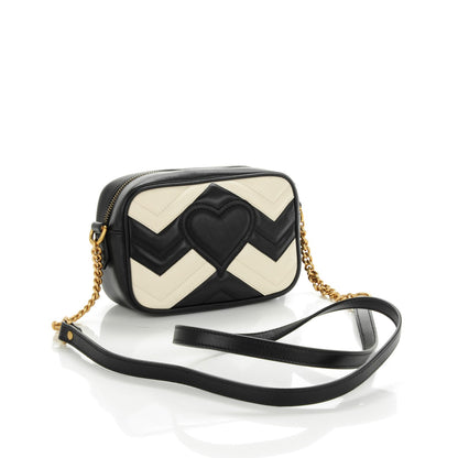 Gucci Calfskin Matelasse Mini GG Marmont Chain Shoulder Bag Black White 3 of 7
