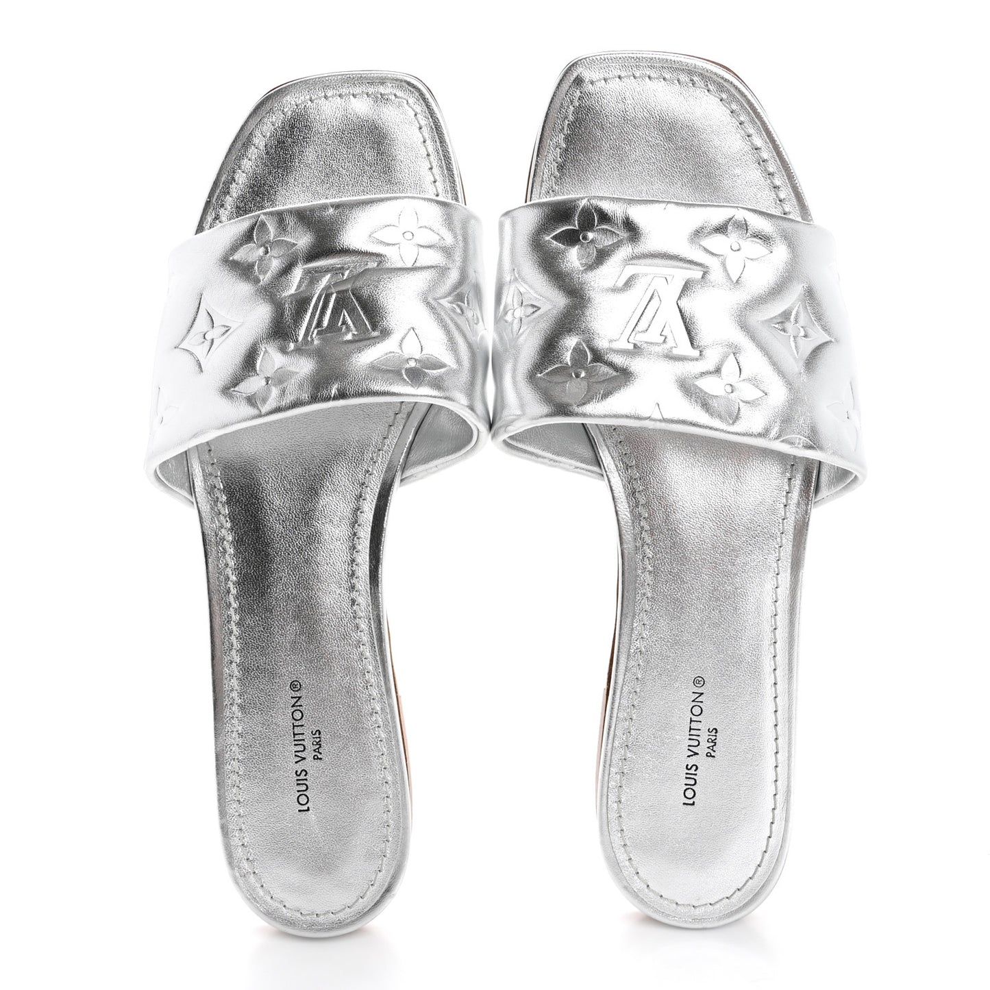 Metallic Lambskin Embossed Monogram Revival Flat Mules 38 Silver