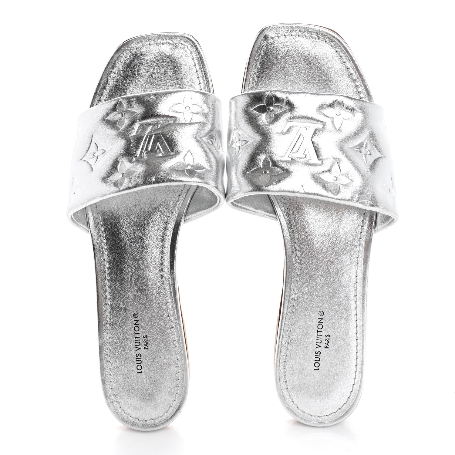 Louis Vuitton Metallic Lambskin Embossed Monogram Revival Flat Mules 38 Silver 2 of 12
