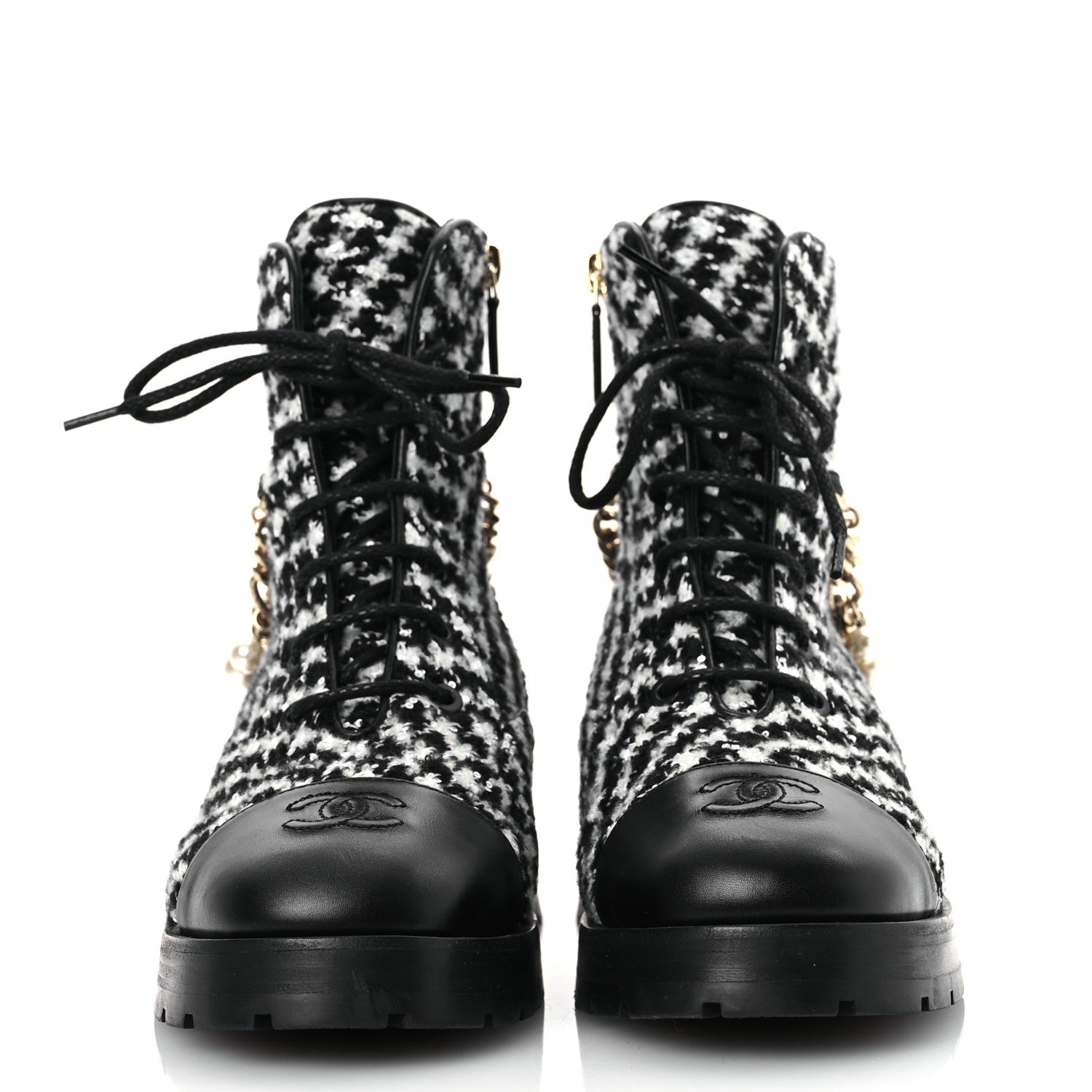 Chanel Wool Tweed Calfskin Chain Lace Up Combat Boots 38 Black White 3 of 11
