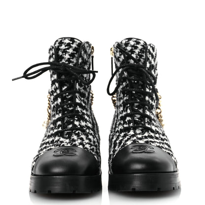 Chanel Wool Tweed Calfskin Chain Lace Up Combat Boots 38 Black White 3 of 11