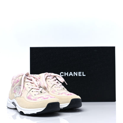 Chanel Tweed Suede Calfskin Womens CC Sneakers 38.5 Pink Ecru 8 of 8