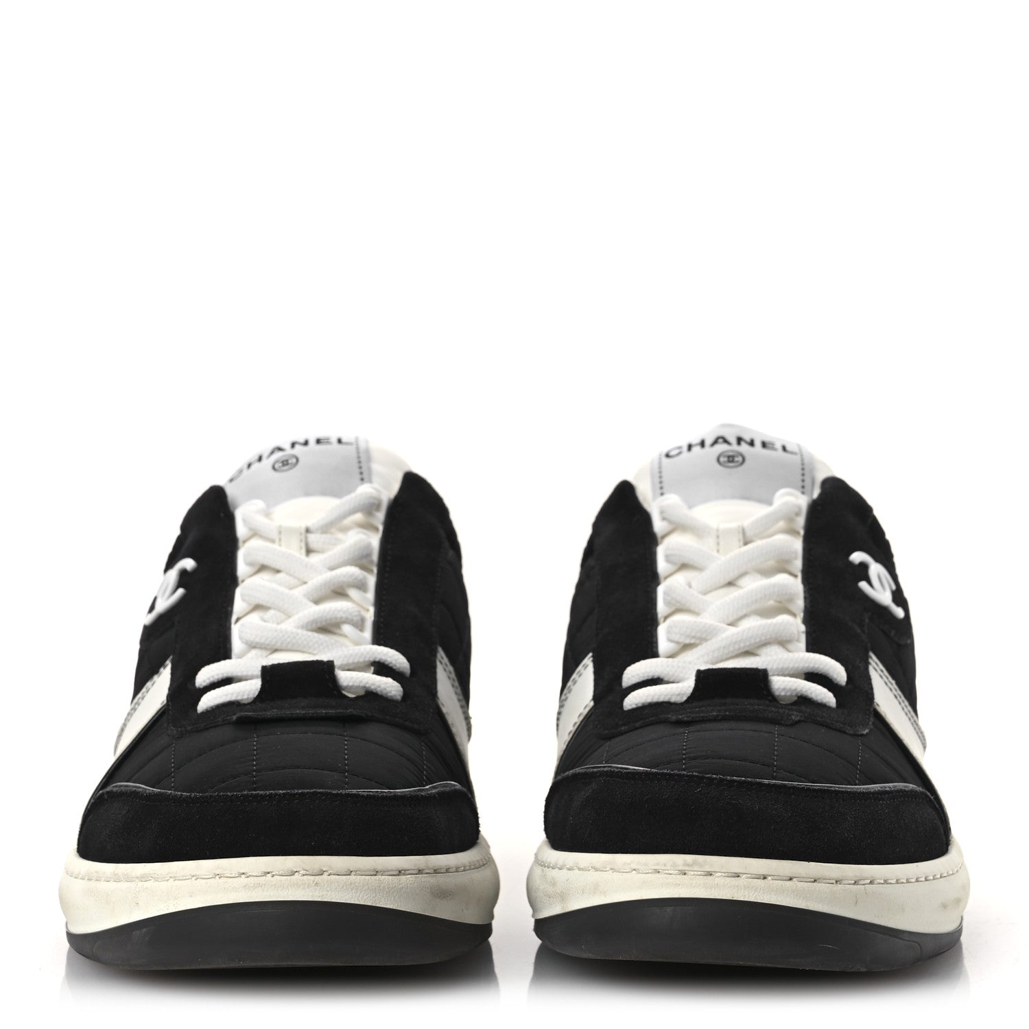 Chanel Suede Fabric Calfskin Womens CC Sneakers 41 Black White 3 of 13