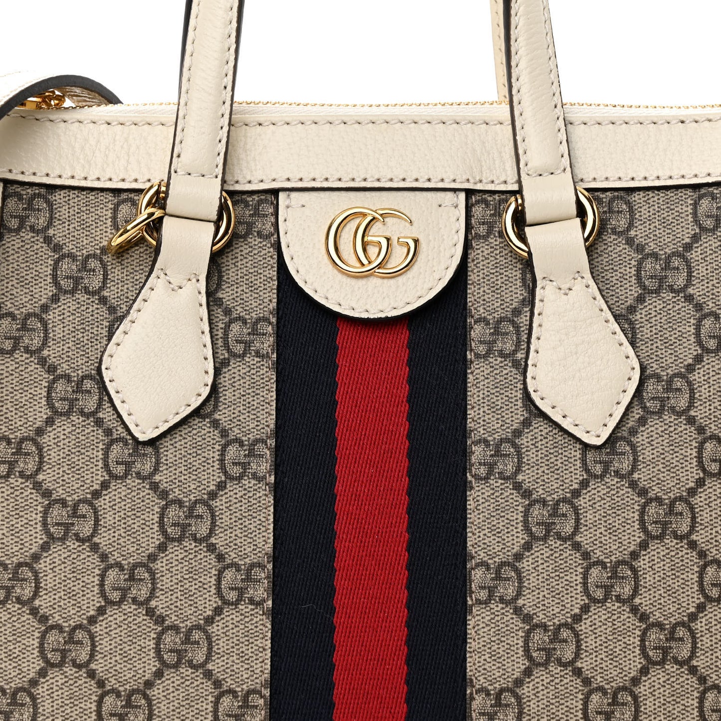 GG Supreme Monogram Textured Dollar Calfskin Web Small Ophidia Tote Bag Beige Ebony Mystic White
