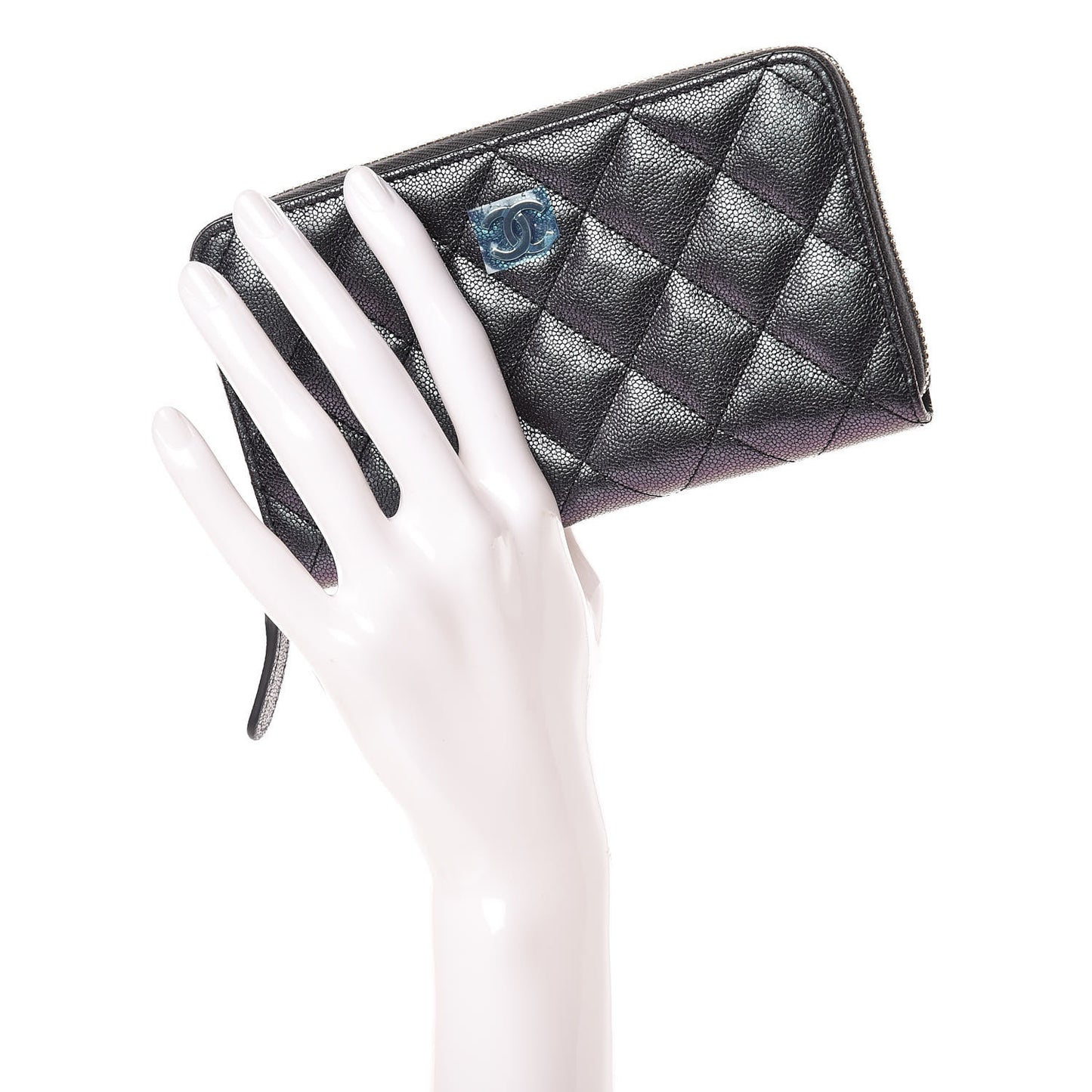 Iridescent Caviar Quilted Medium Zip Around Wallet Black