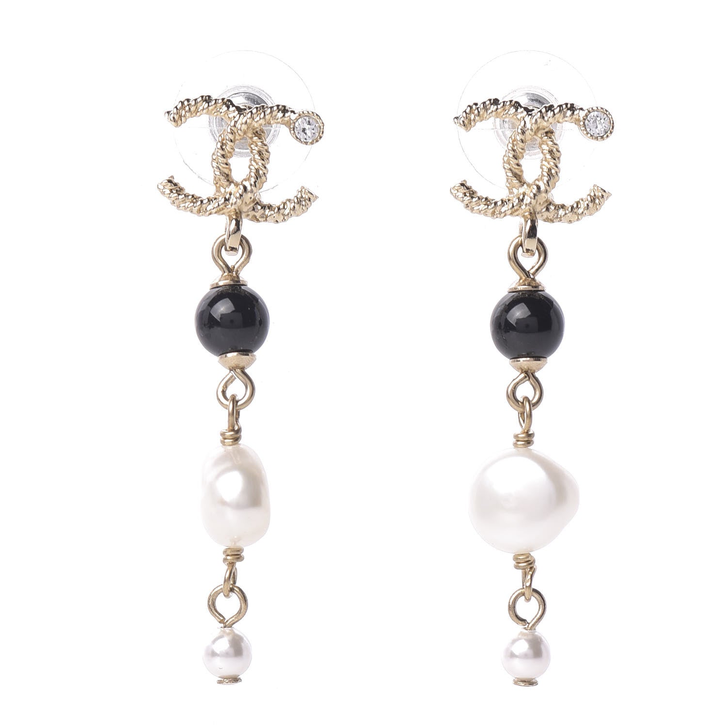 Chanel Pearl Bead Crystal CC Byzantine Drop Earrings Black Gold 1 of 5