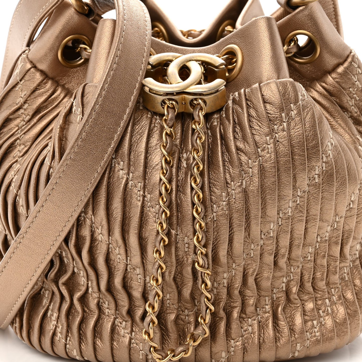 Metallic Lambskin Small Coco Pleats Drawstring Bag Gold