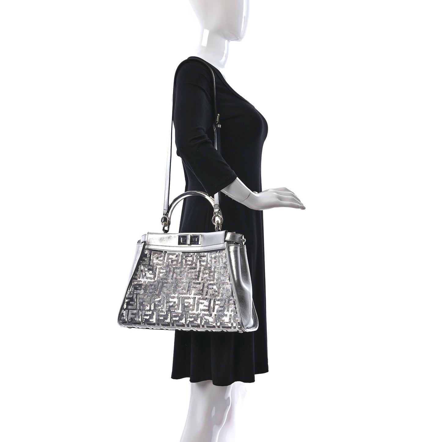 PVC Vitello Catalan Mirror Sequin FF Medium Peekaboo Iconic Satchel Argento