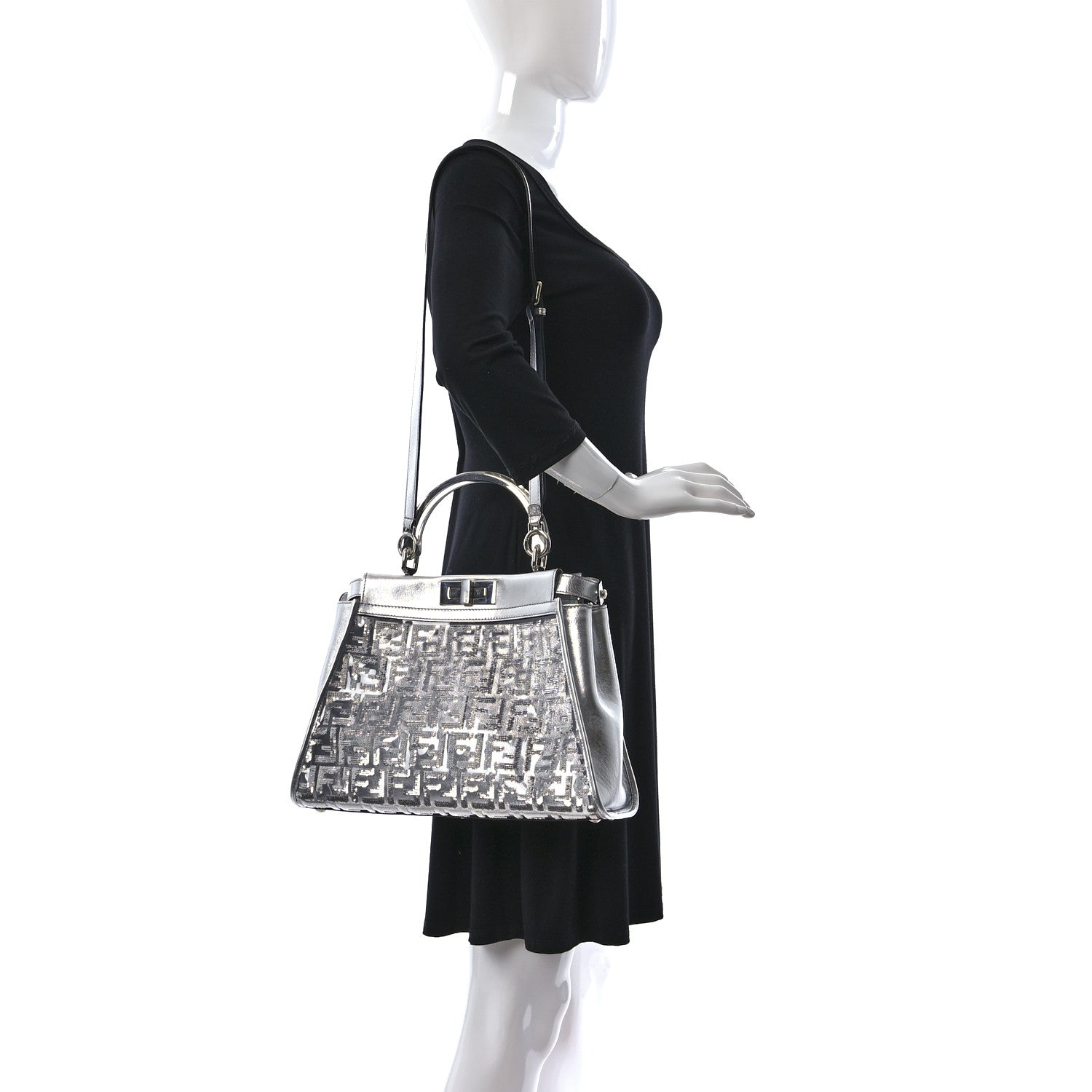 Fendi PVC Vitello Catalan Mirror Sequin FF Medium Peekaboo Iconic Satchel Argento 2 of 12