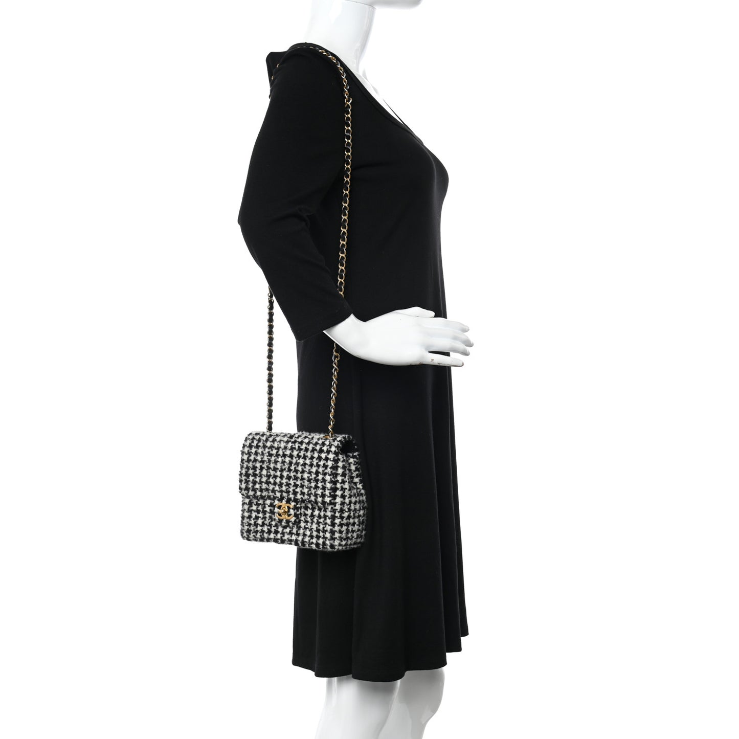 Tweed Houndstooth Quilted Mini Square Flap White Black