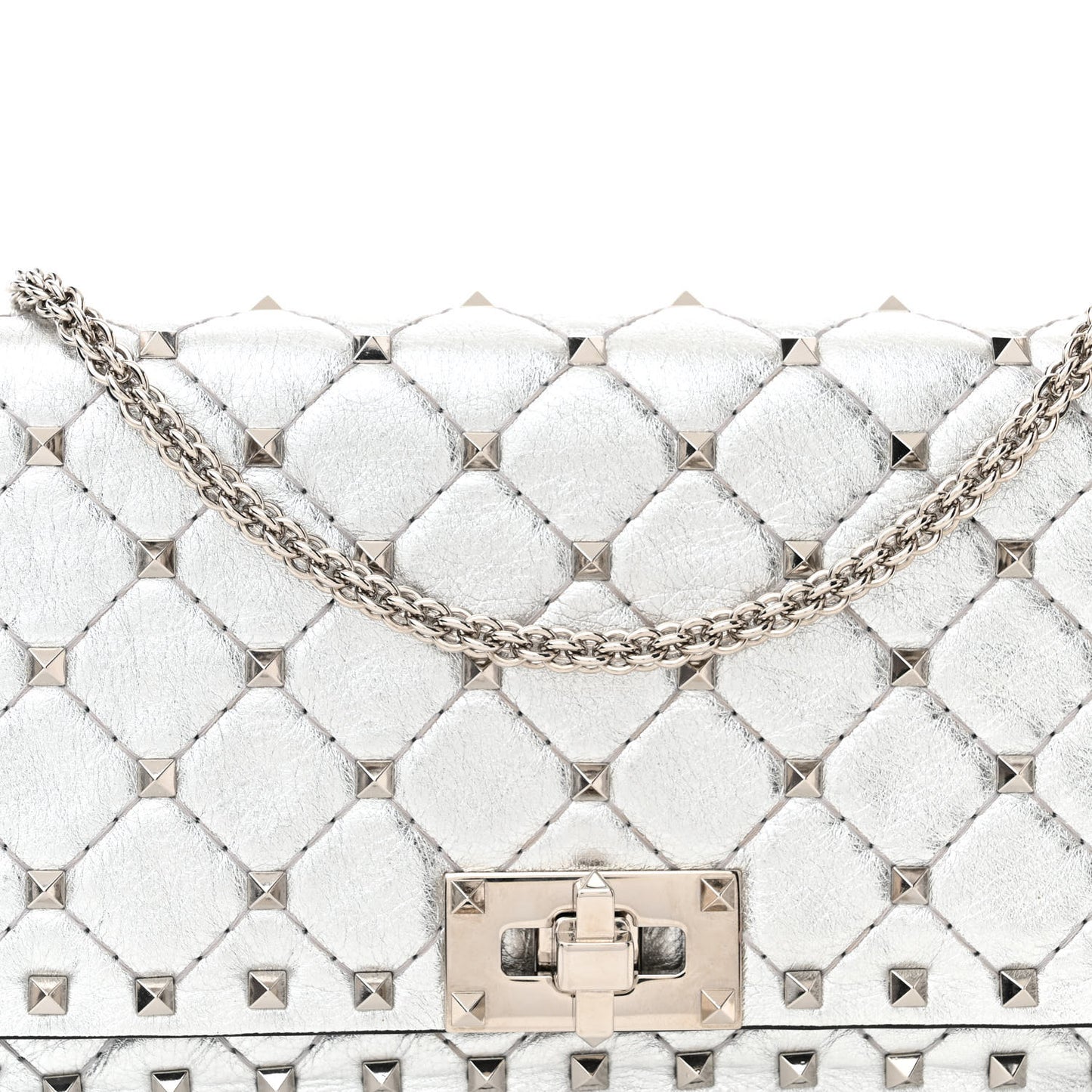 Metallic Nappa Rockstud Spike Shoulder Bag Silver