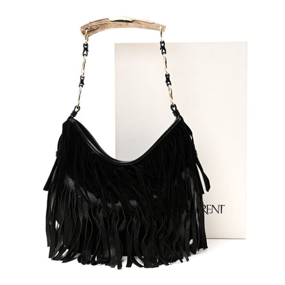Saint Laurent Suede Calfskin Fringe Buffalo Horn Mombasa Hobo Black 11 of 11