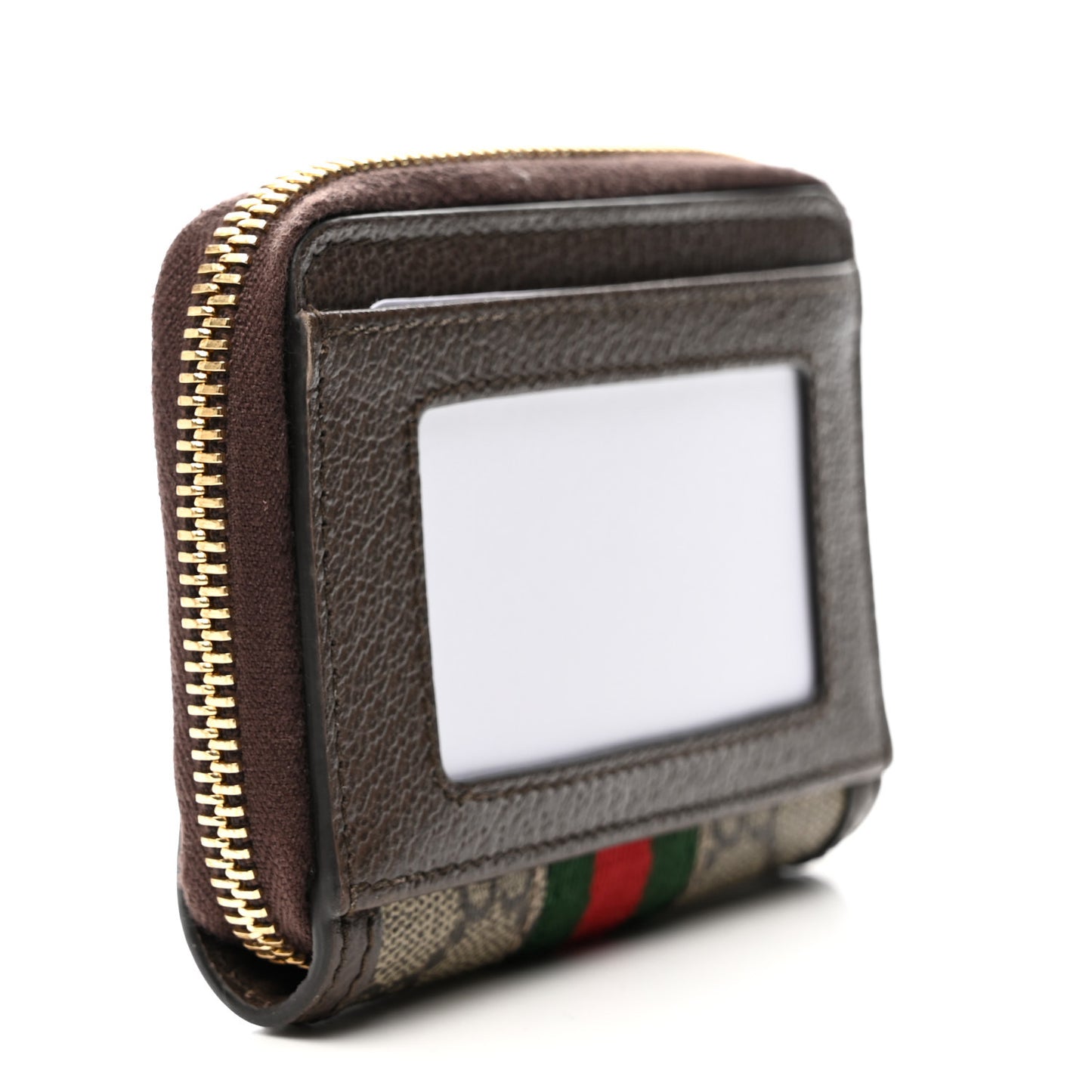 GG Supreme Monogram Textured Dollar Calfskin Web Ophidia Zip Around Card Case Wallet Beige Ebony New Acero
