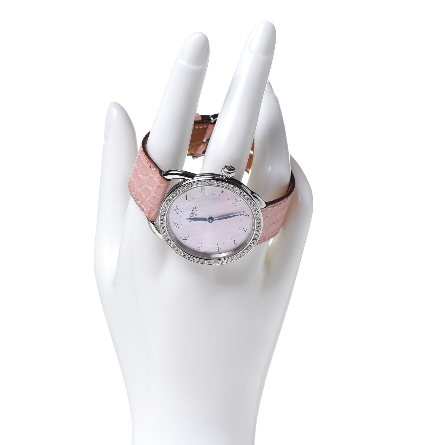 Hermes Stainless Steel Alligator Diamond Bezel Pink Mother of Pearl 38mm Arceau Quartz Watch 2 of 8