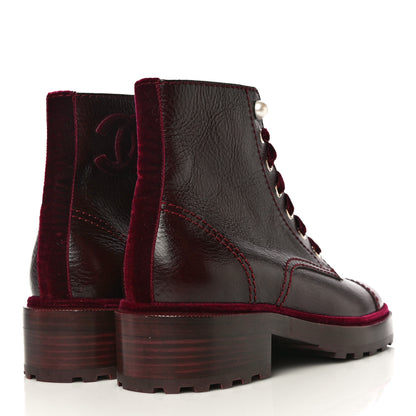 Chanel Calfskin Velvet Pearl Combat Short Boots 38 Burgundy 5 of 12